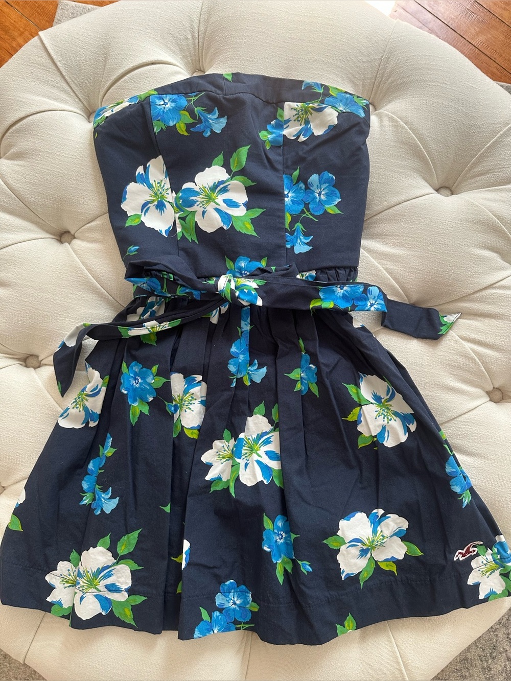 Hollister Navy Blue Floral Strapless Sundress with Green Accents